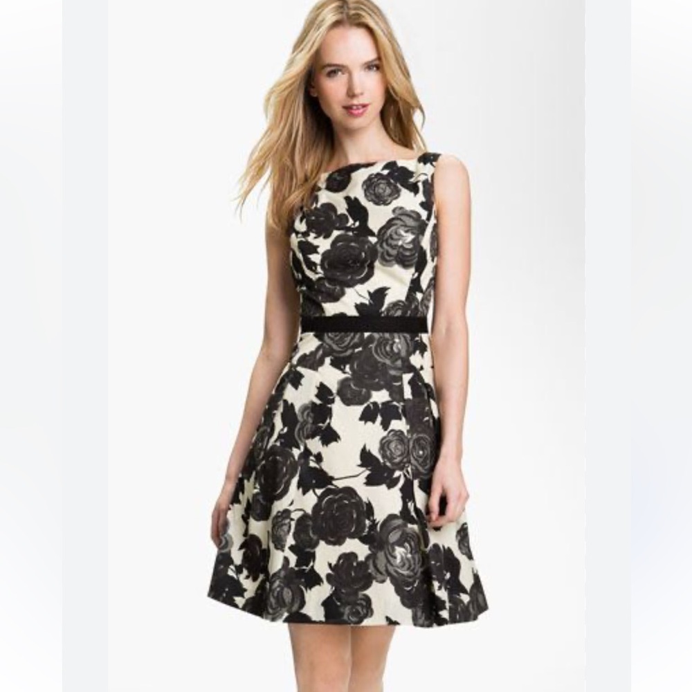 Milly of New York Lola 10 cream/black floral pockets cocktail fit/flare dress